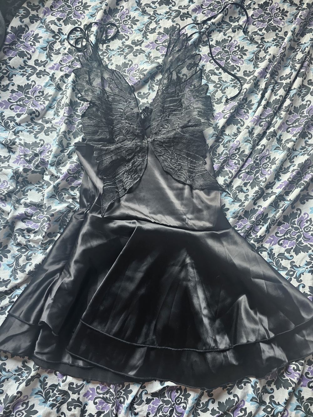 Widow Black Satin Asymmetrical Wing-Back Mini Dress - Picture 2 of 5